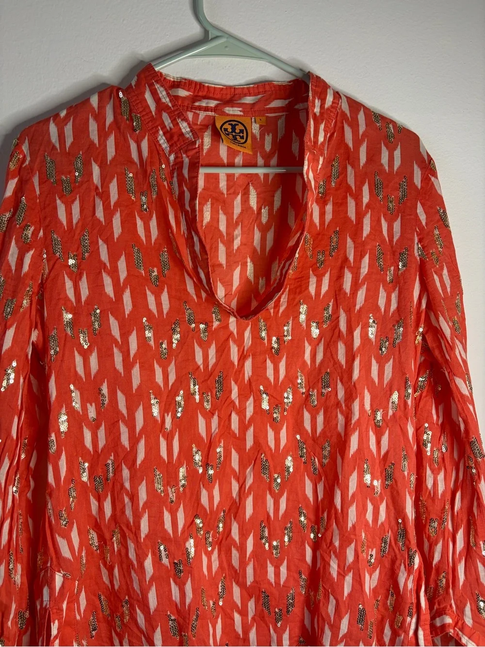 Tory Burch Coral Orange Ikat Gold Sequin Tunic Top Size 6 Long Sleeve